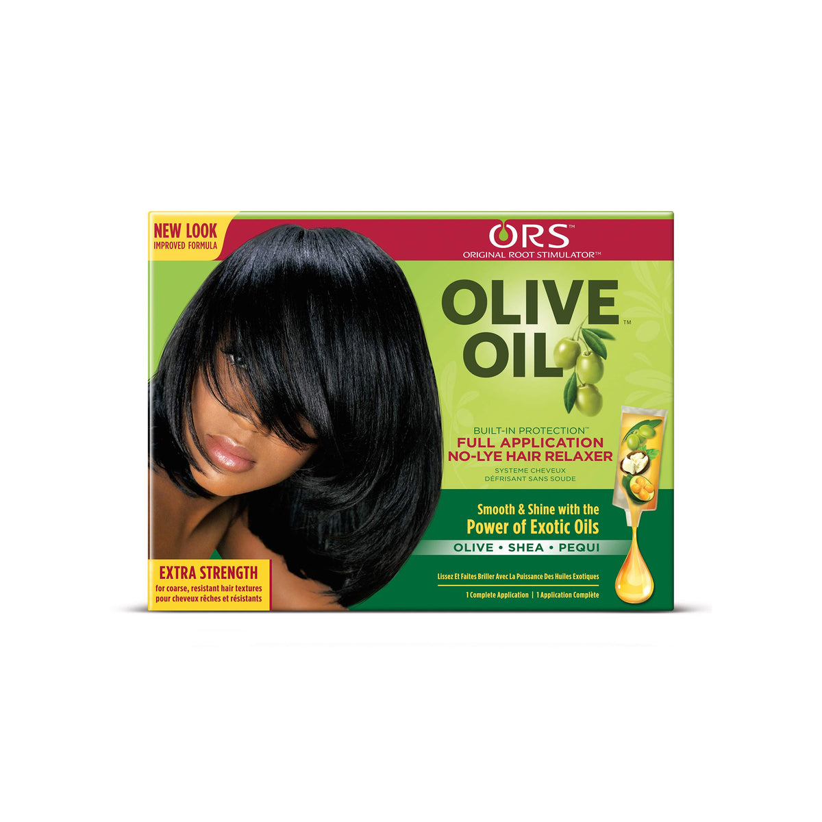 Image of ORS Olive Oil No-Lye Hair Relaxer Kit (Extra Strength) with an image of a woman with straight, shiny hair. Highlights olive oil, shea and pequi.