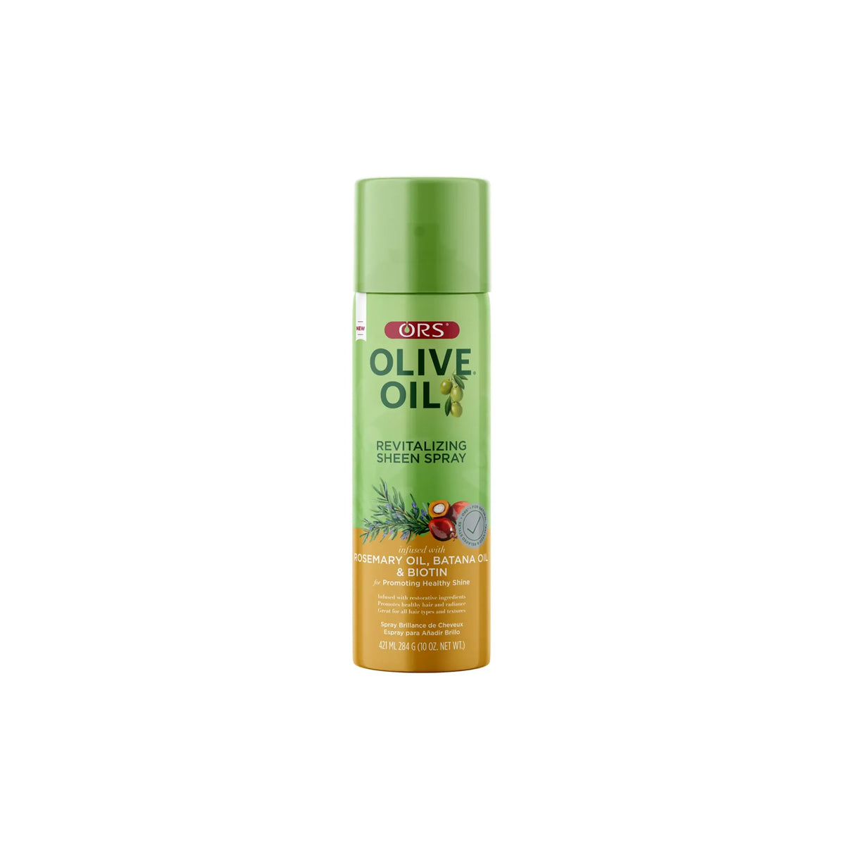 Green spray bottle with ORS Olive Oil Revitalizing Sheen Spray 421ml with olive oil, rosemary oil and biotin.