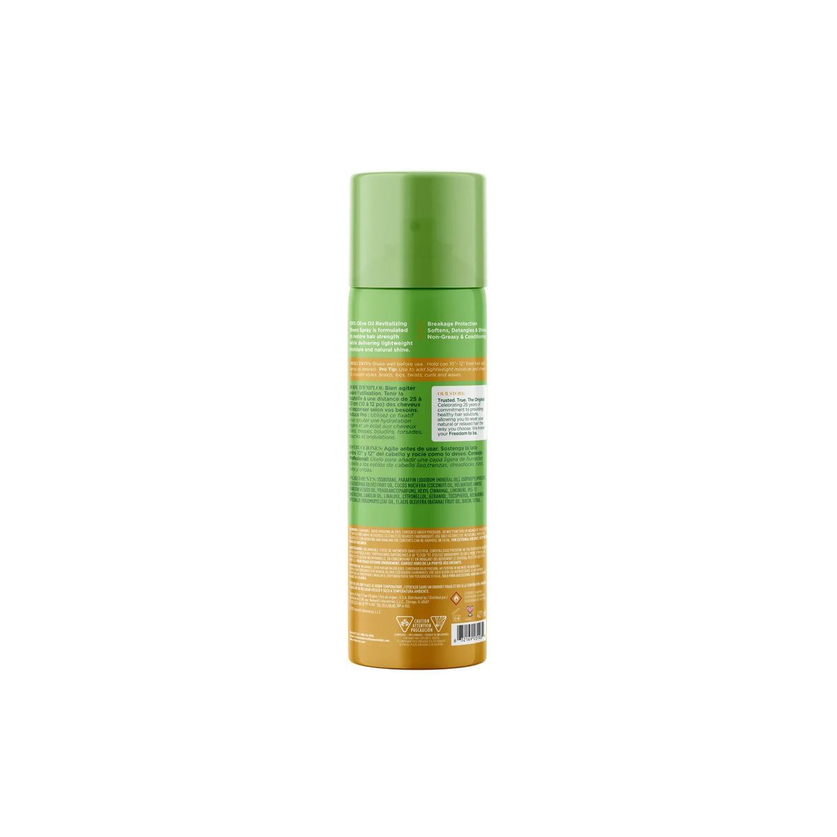Green and orange bottle with ORS Olive Oil Revitalizing Sheen Spray 421ml with text and ingredient list on the back.