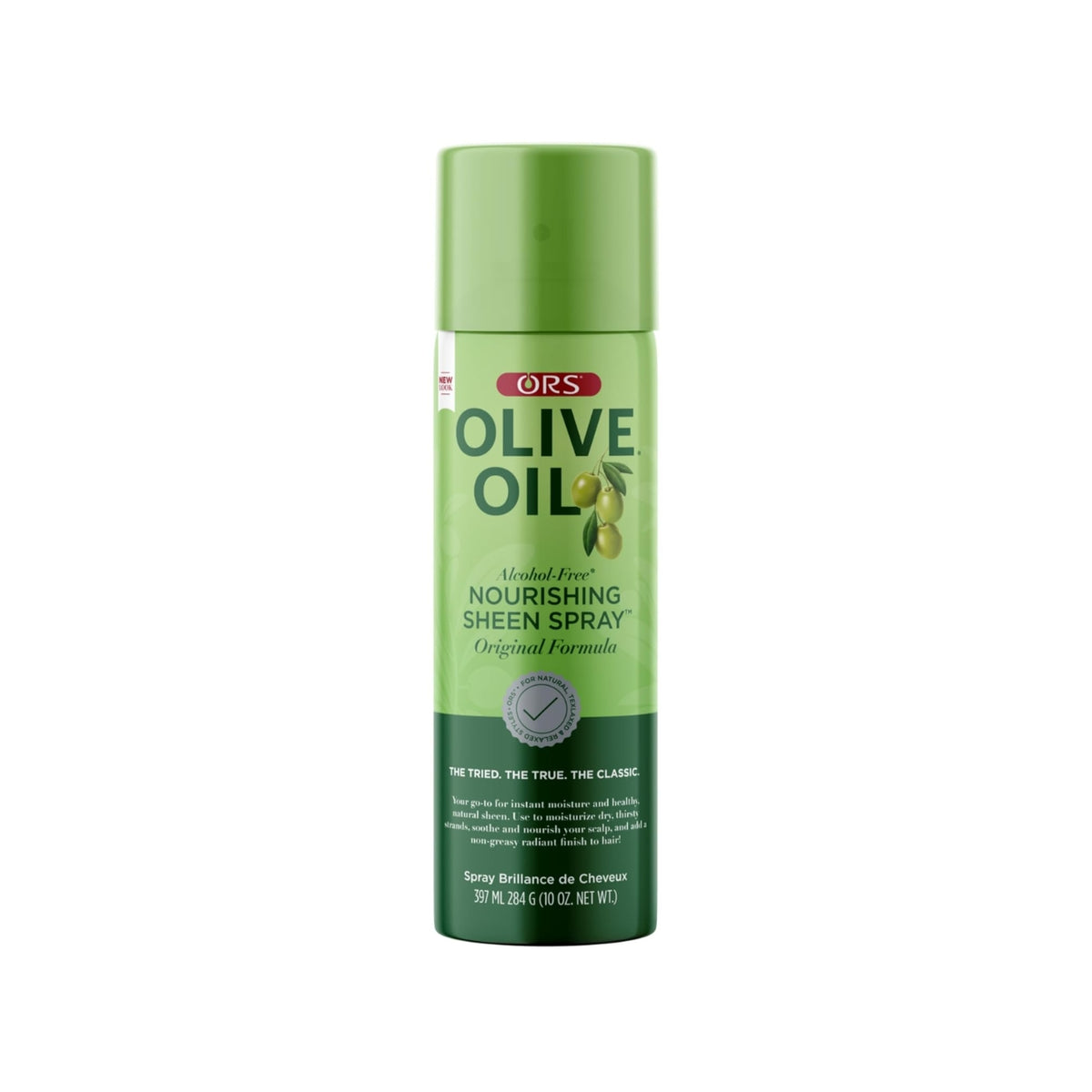 Green ORS Olive Oil Nourishing Sheen Spray in metal container, shown against a white background.