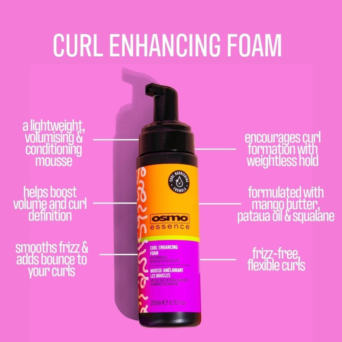 Osmo Essence Curl Enhancing Foam, black pump bottle with orange-purple label on pink background.