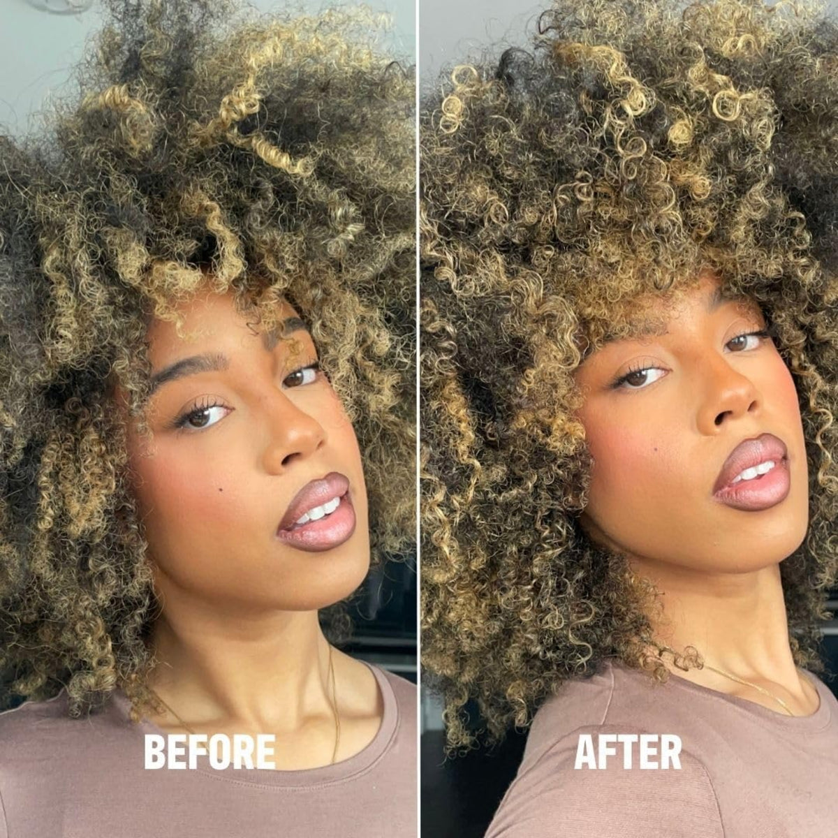 Before and after curly afro hair with blonde highlights – defined curls and less frizz after treatment.