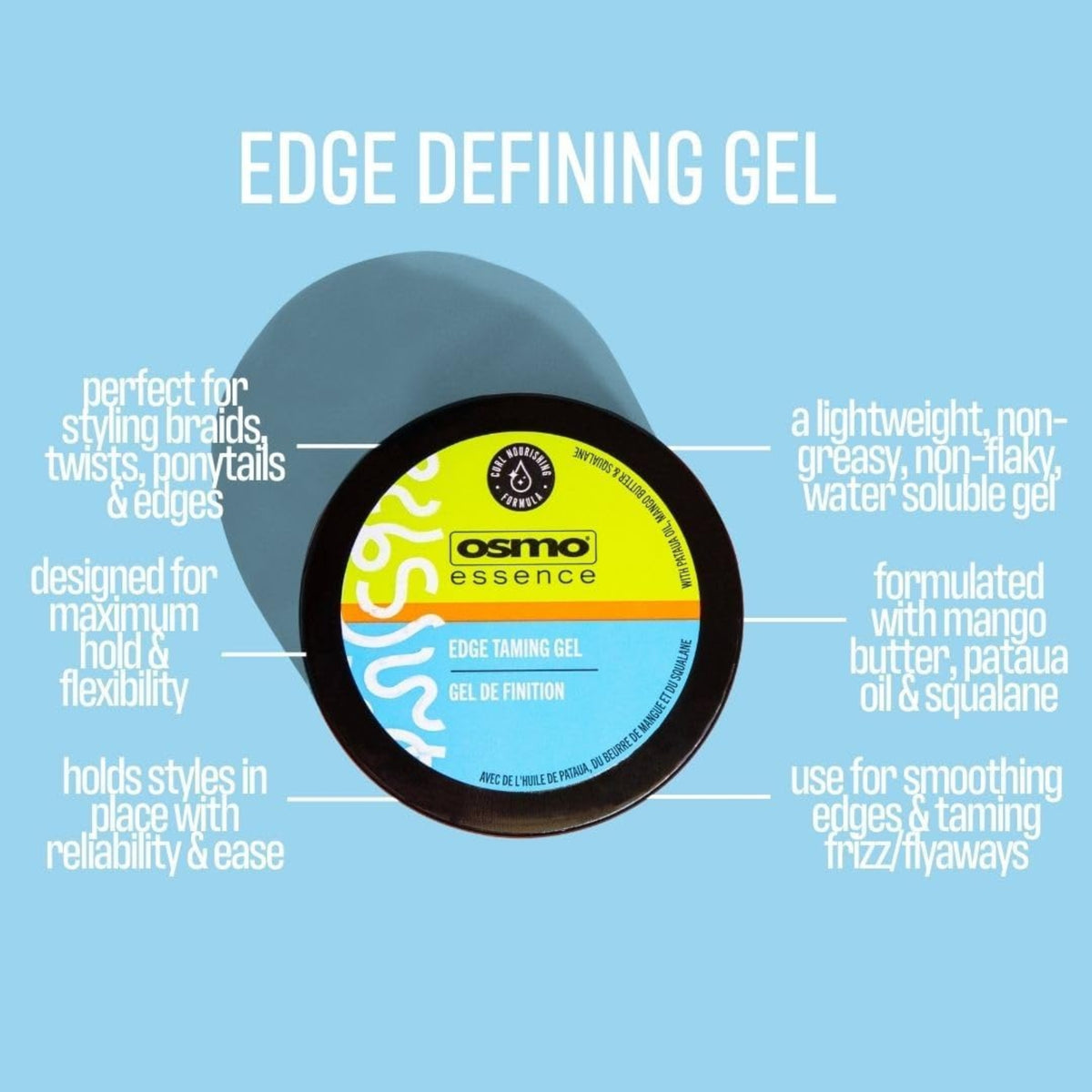 Osmo Essence Edge Taming Gel in black can with yellow and blue label on light blue background with product info.
