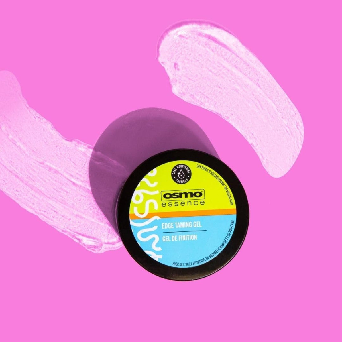 Osmo Essence Edge Taming Gel can with black lid on pink background with pink gel stripes.