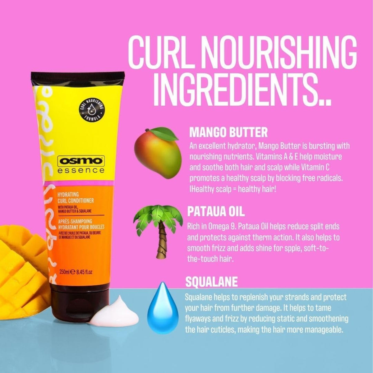 Osmo Essence Hydrating Curl Conditioner tube with mango and info on mango butter, pataua oil and squalane.