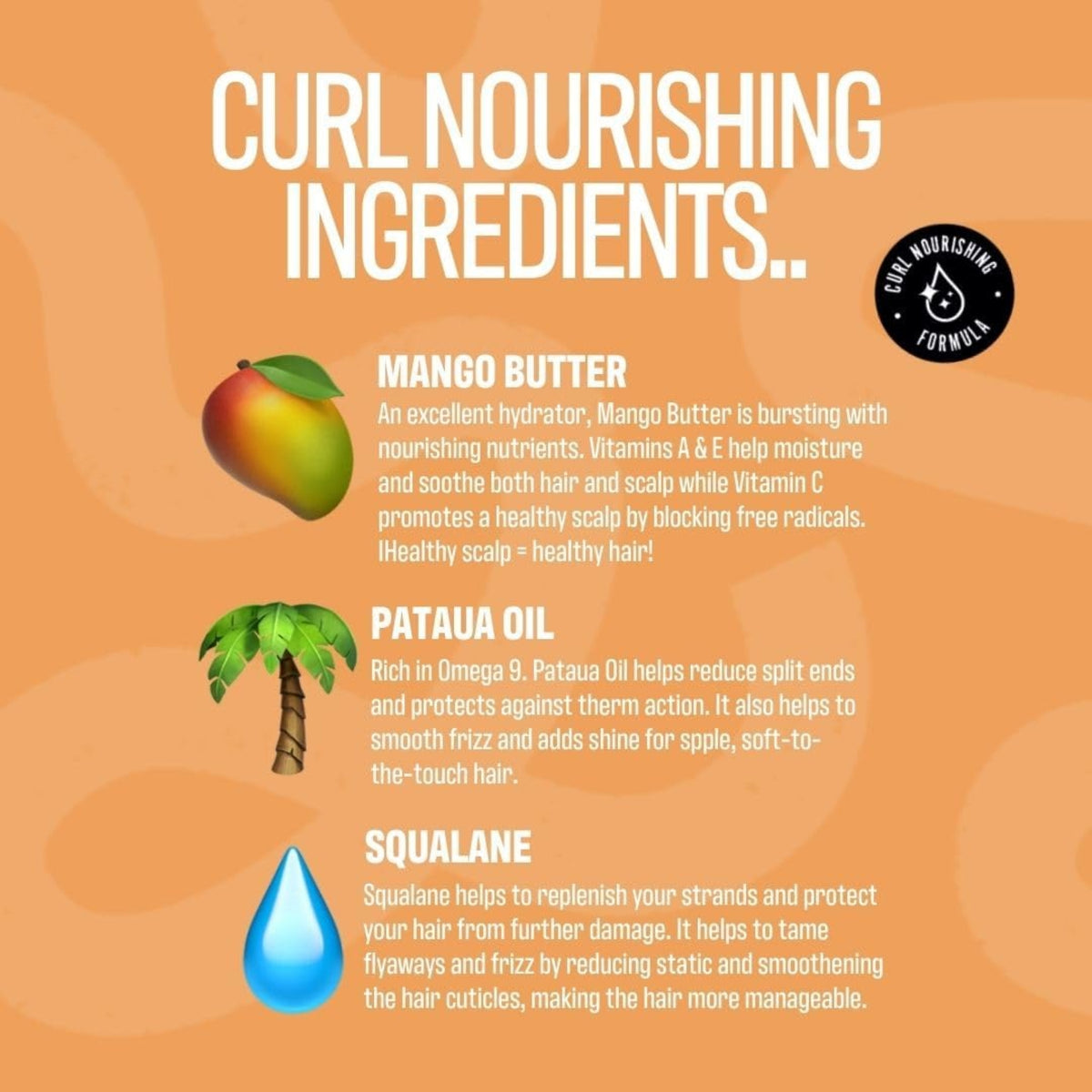 Curl Nourishing Formula infographic with mango, palm tree and water drop illustrating mango butter, pataua oil and squalane for hair care.