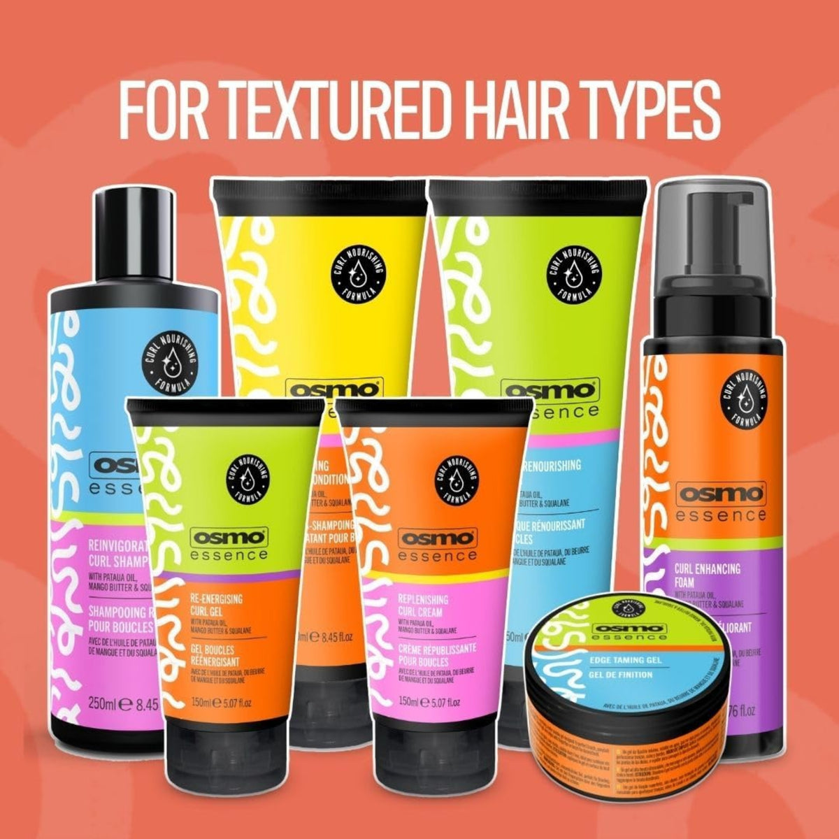 Osmo Essence product range for textured hair types with shampoo, conditioner, curl gel, cream, foam and edge taming gel.