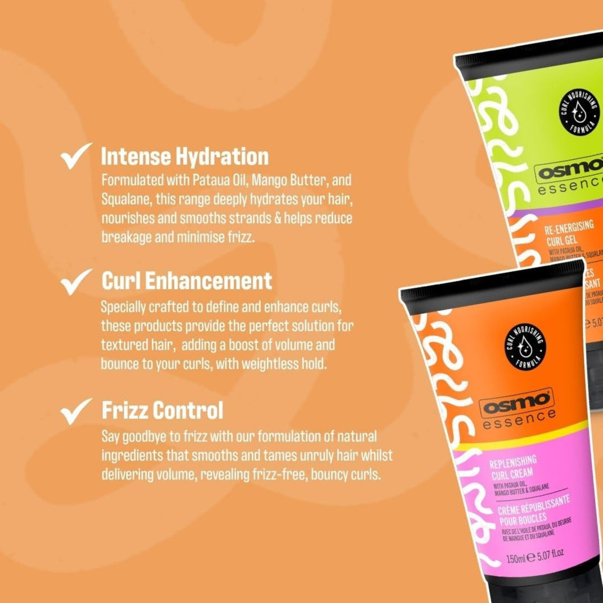 OSMO Essence curl products with text about intense hydration, curl enhancement and frizz control on an orange background.
