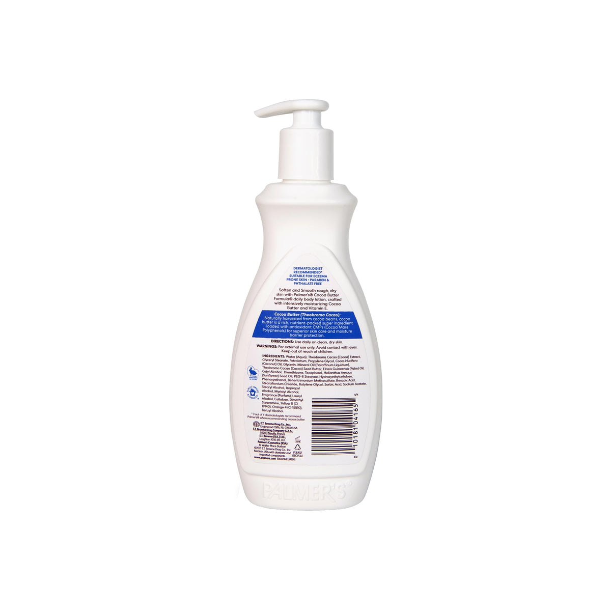 The back of the Palmers Cocoa Butter Formula Lotion bottle with information on ingredients, directions for use and benefits of cocoa butter.
