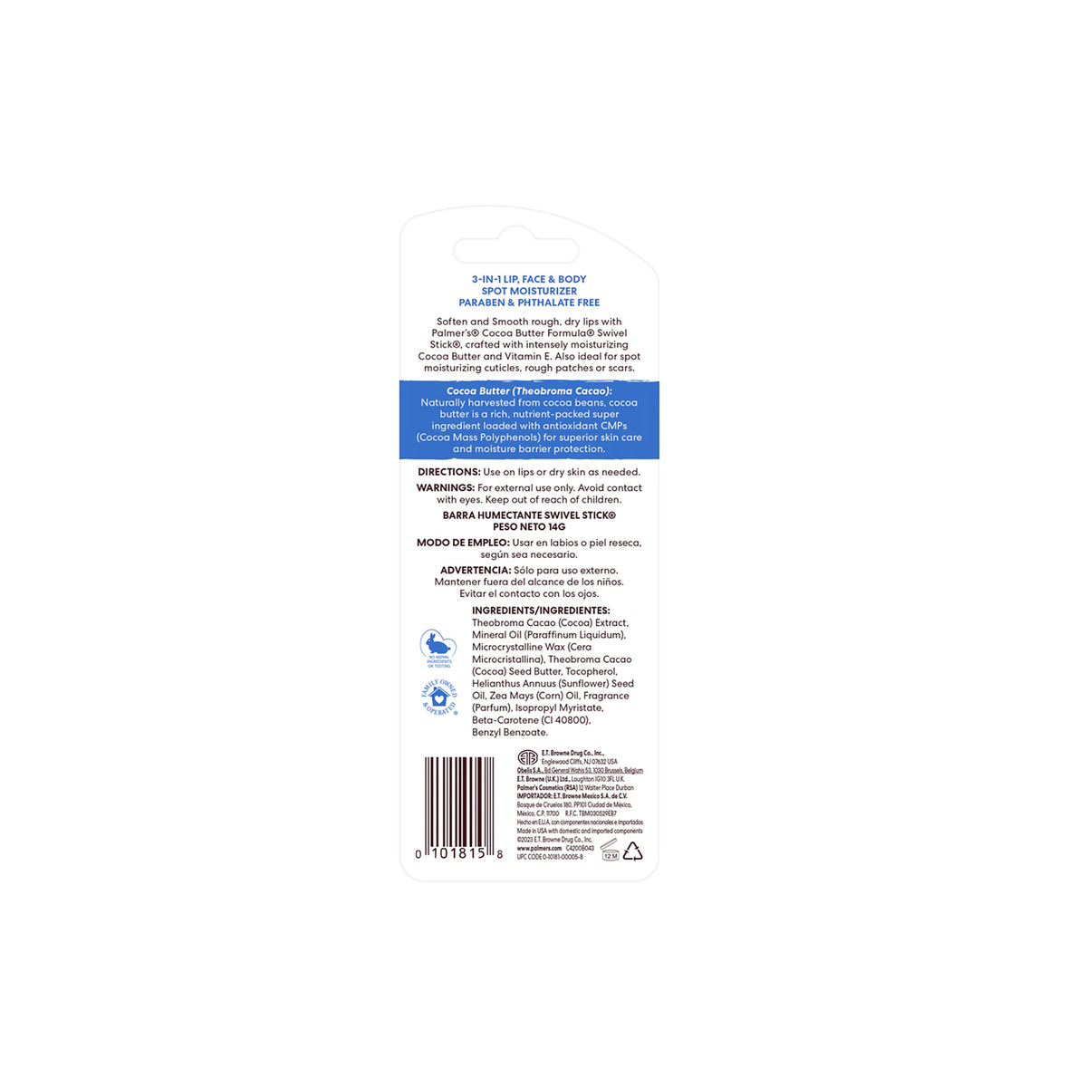 Back of Palmers Cocoa Butter Swivel Stick packaging with information on ingredients, directions for use, warnings and cocoa butter benefits.