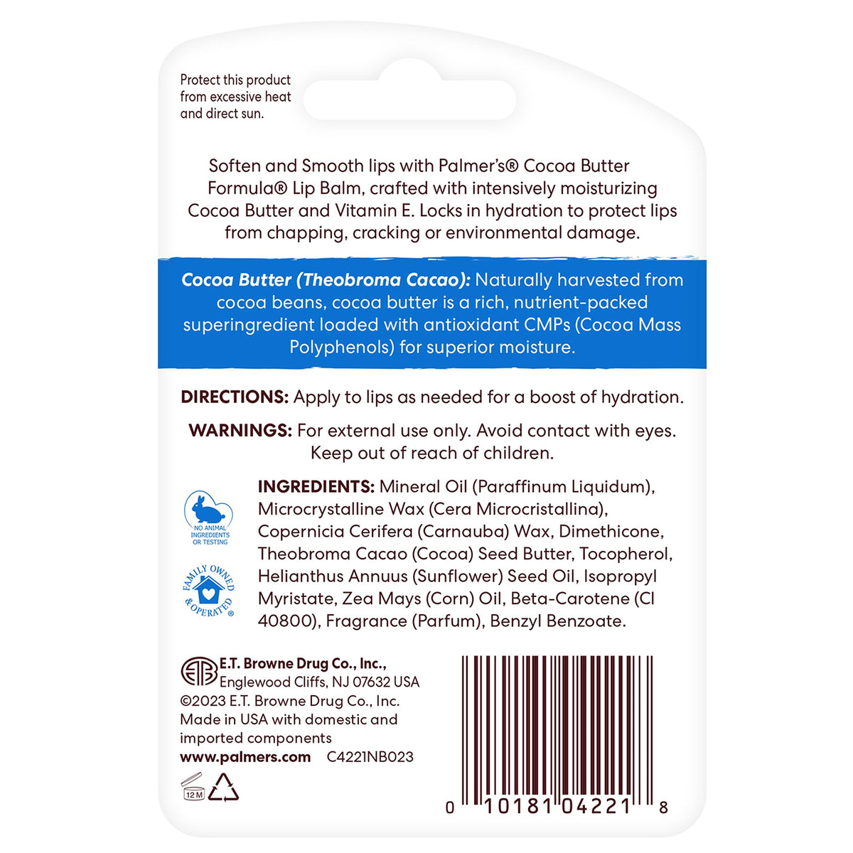 The back of Palmer's Cocoa Butter Lip Balm packaging. Text about cocoa butter, vitamin E, list of ingredients, instructions for use and warnings about external use.