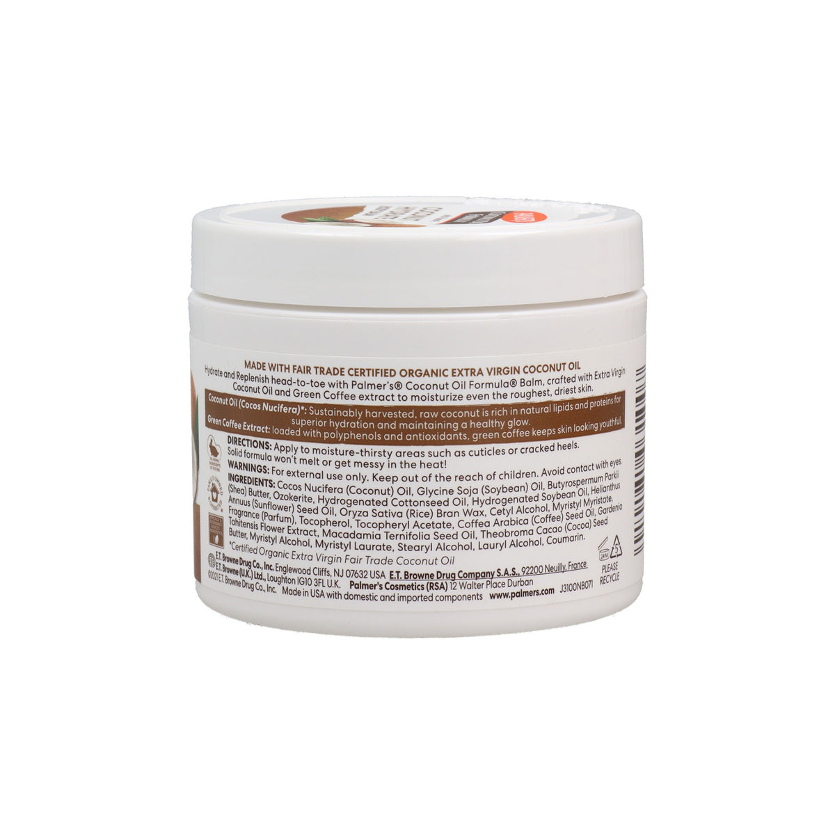 Back of Palmer's Coconut Oil Formula Hand Cream. Label with ingredients, benefits and instructions for use.