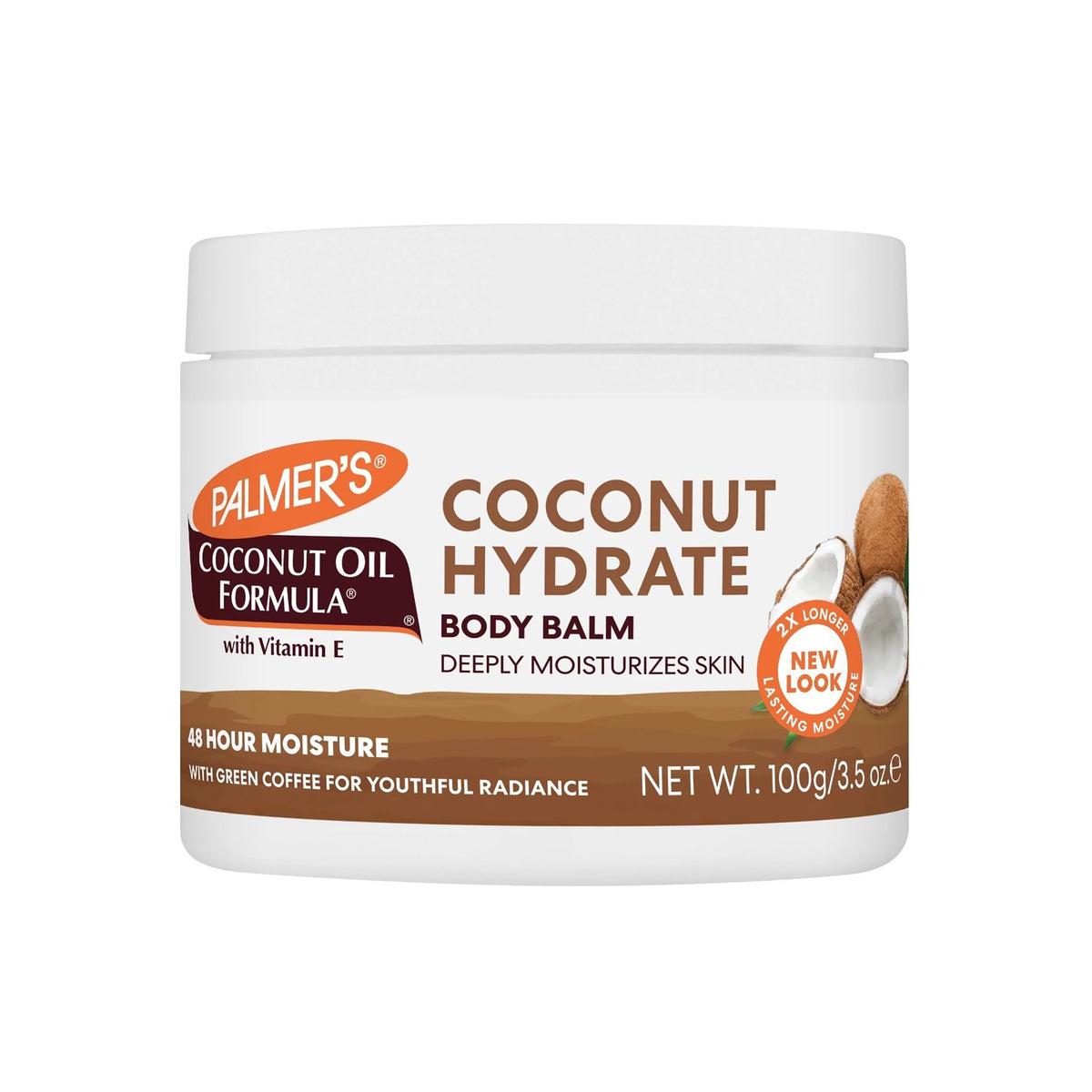 Product image of Palmer's Coconut Oil Formula Body Balm. A white plastic container with a label touting 48 hours of moisture and a new formula.