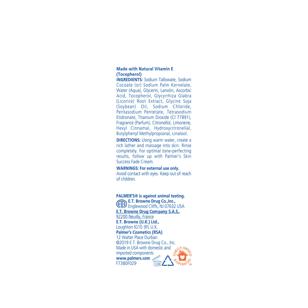 Palmer's Skin Success Anti-Dark Spot Soap. Back of soap with list of ingredients, instructions for use and product information.