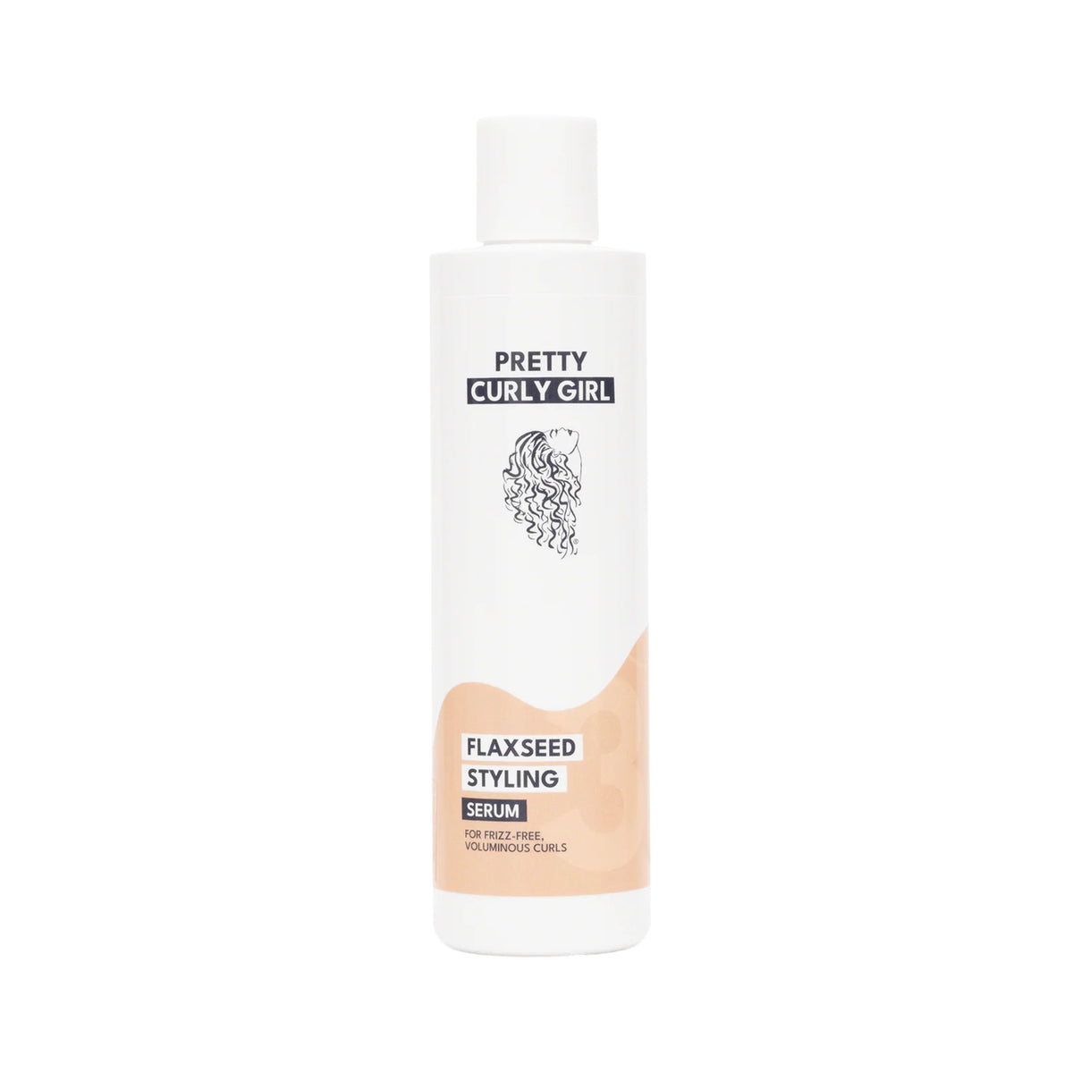 White bottle of Pretty Curly Girl Flaxseed Styling Serum with orange label for frizz-free voluminous curls.