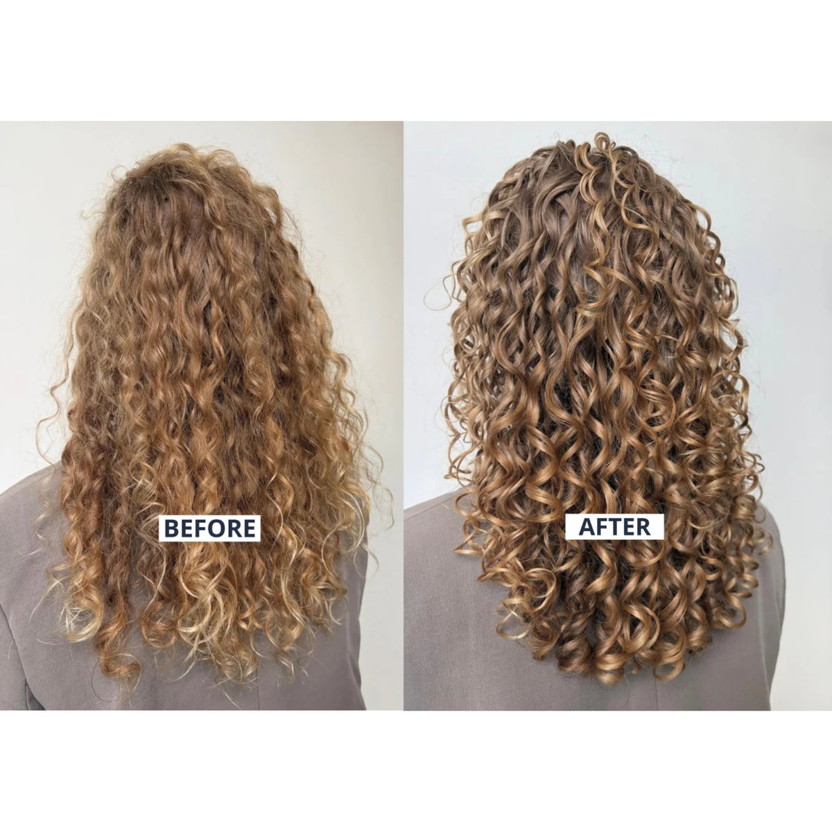 Before and after curls: From dry, frizzy hair to defined, shiny curls after curly hair treatment.