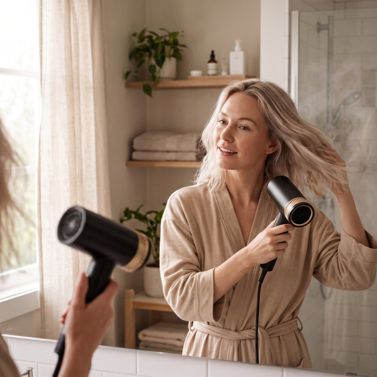 Woman in bathrobe styling hair in front of bathroom mirror with professional ionic hair dryer in black and gold.