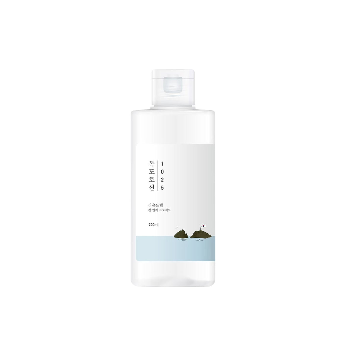 Transparent bottle of Dokdo Lotion 1025, 200ml, with minimalist design and illustration of rocks in a blue sea.