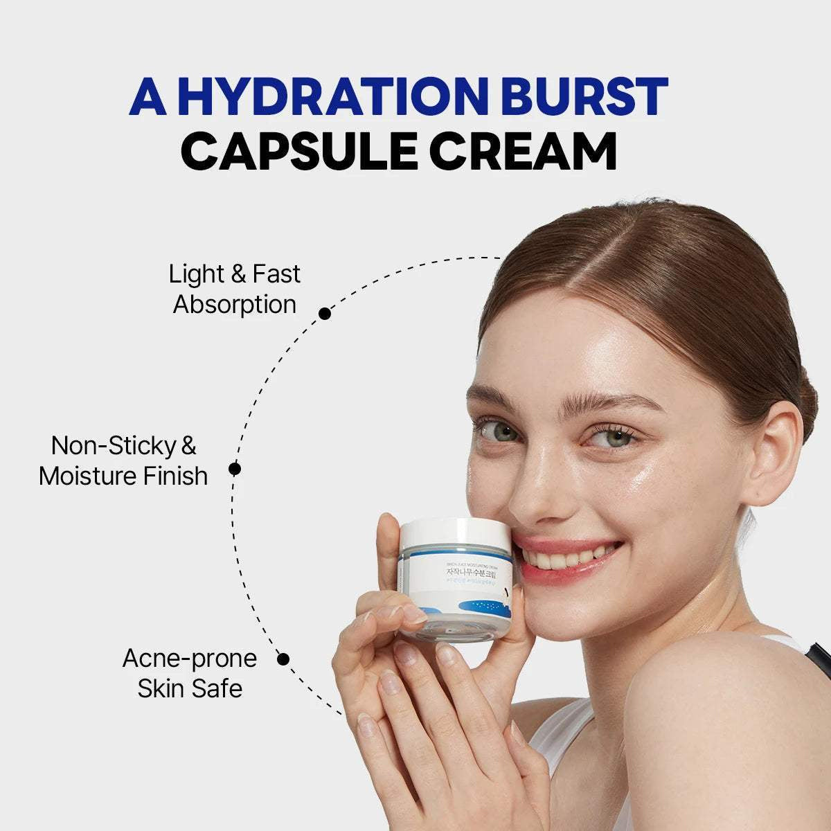Round Lab Birch Juice Ceramide Capsule Cream 80ml in white jar with blue details, held by smiling woman with glowing skin.