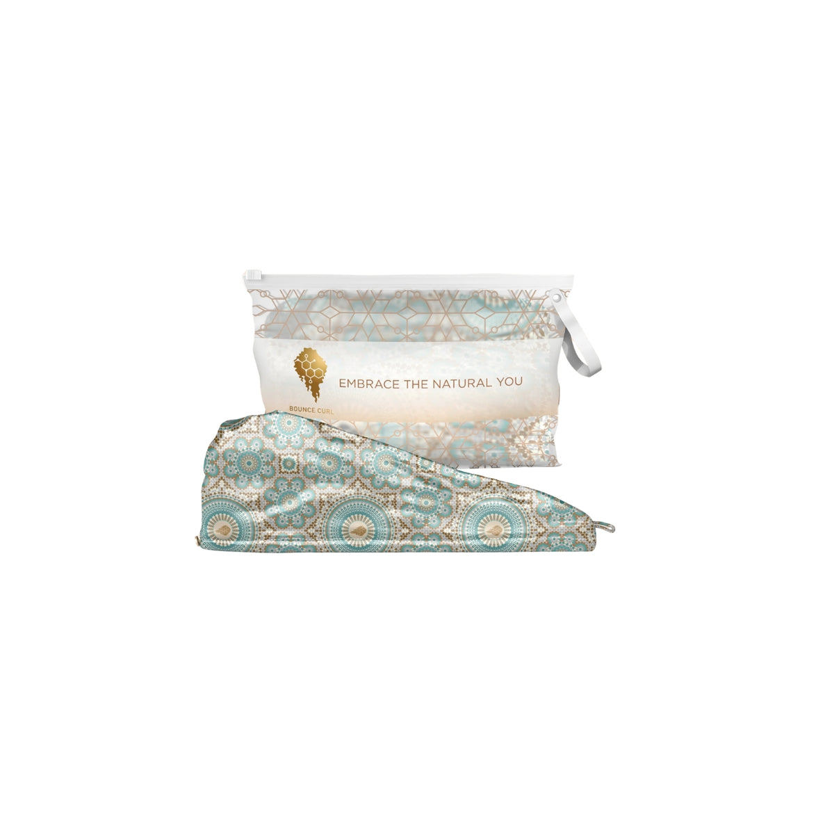 Soft satin microfiber turban with oriental pattern in blue and beige next to Bounce Curl Satin Microfiber Turban Bag.