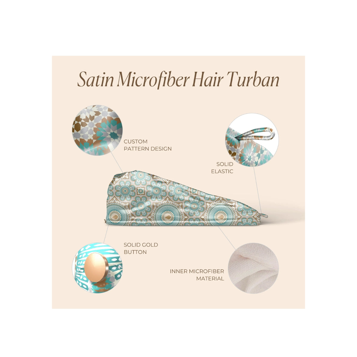Turban in soft satin microfiber with special pattern, gold button and elastic - Bounce Curl Satin Microfiber Turban.