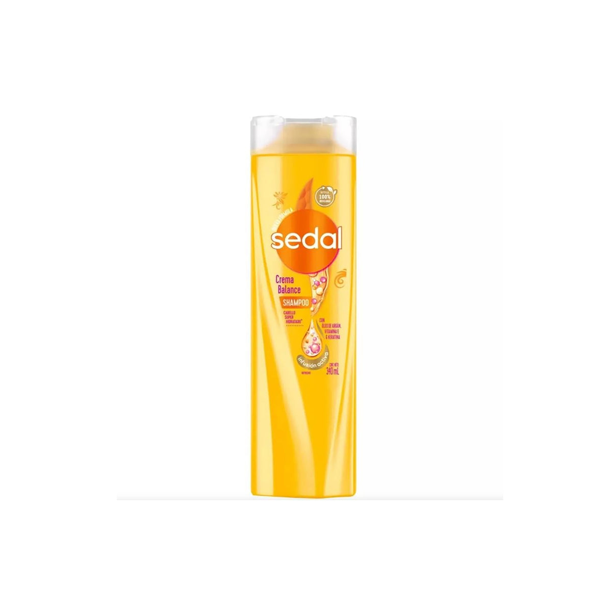 Yellow bottle with Sedal Hydrate Shine Shampoo 400ml, with transparent lid and orange details, standing on a white background.