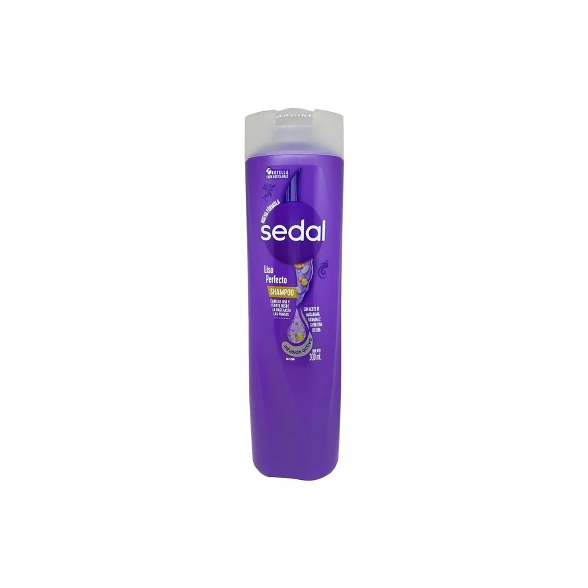Purple bottle of Sedal Perfect Straight Shampoo 400ml, with transparent lid and decorative design, standing on white background.