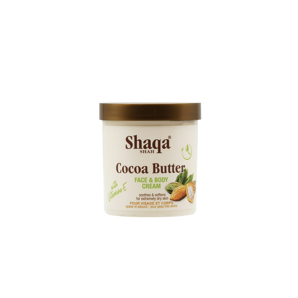 A white cream container with a yellow screw cap. The product is Shaqa Cocoa Butter Face & Body Cream, 450ml. The cream is adapted to very dry skin.