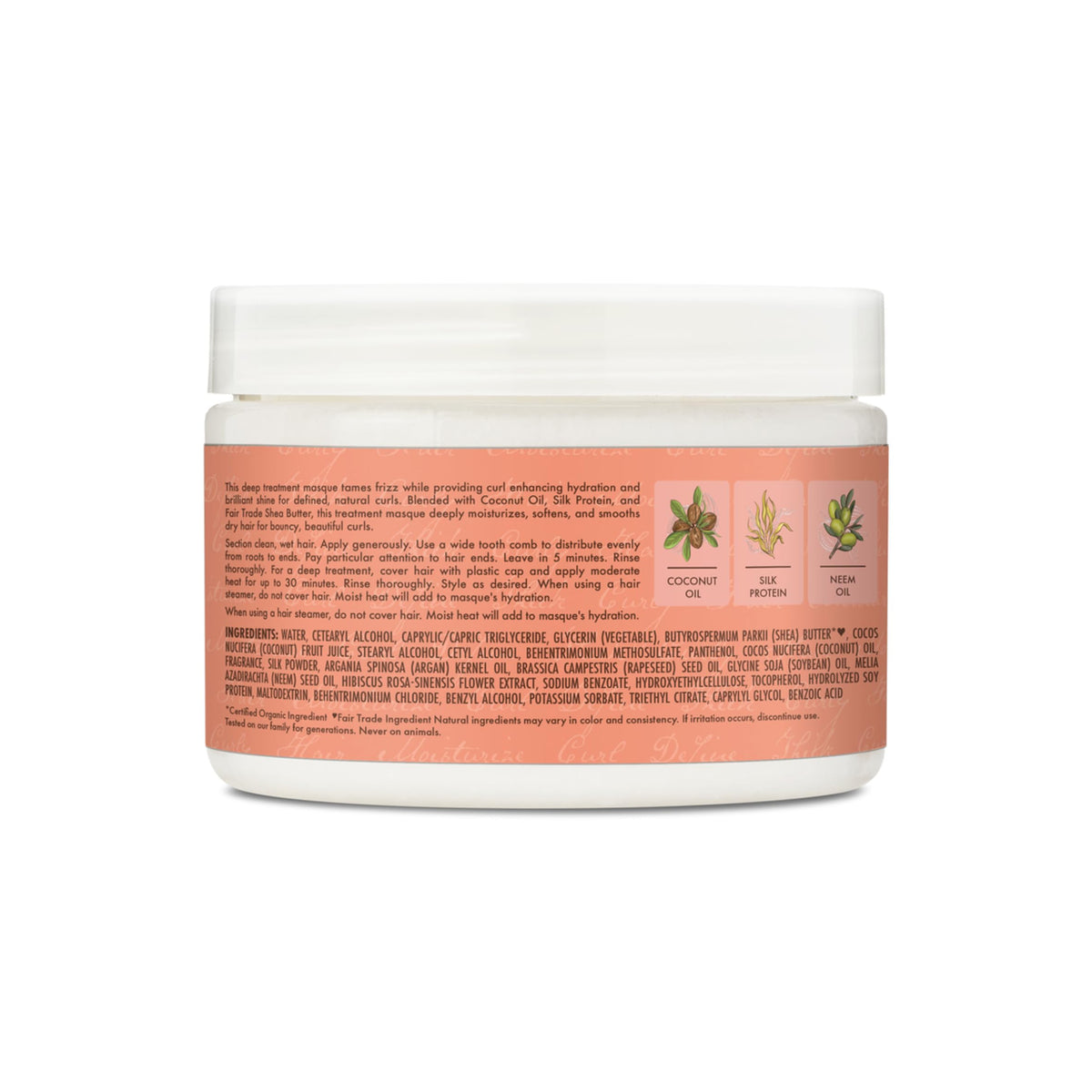 The back of a white plastic tin of Shea Moisture Coconut & Hibiscus Curl & Shine Hair Masque (340g) showing product description, directions for use and full ingredient list.