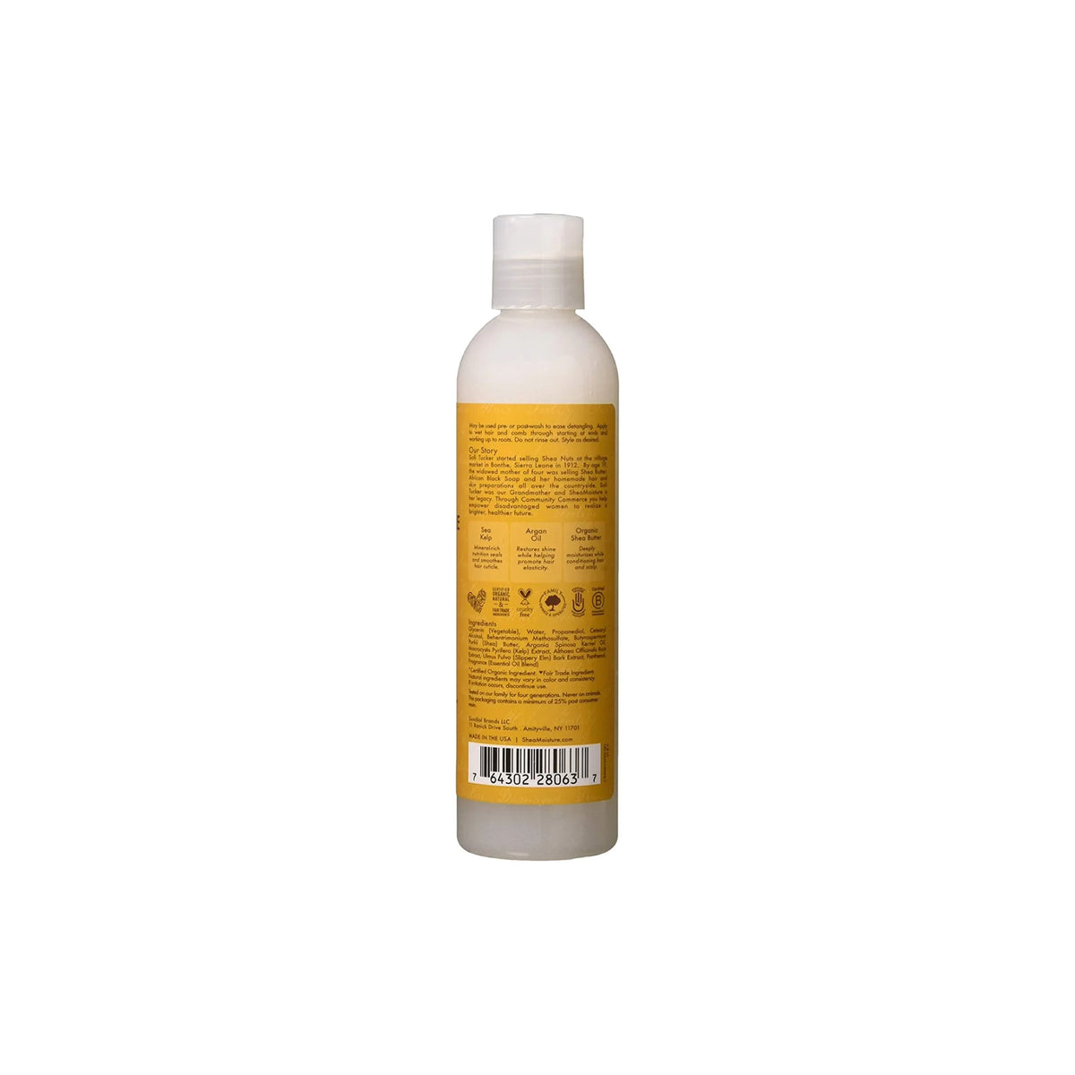Shea Moisture Raw Shea Butter Extra-Moisture Detangler (237 ml) - Back. The picture shows the back of the bottle with the list of ingredients and instructions for use.