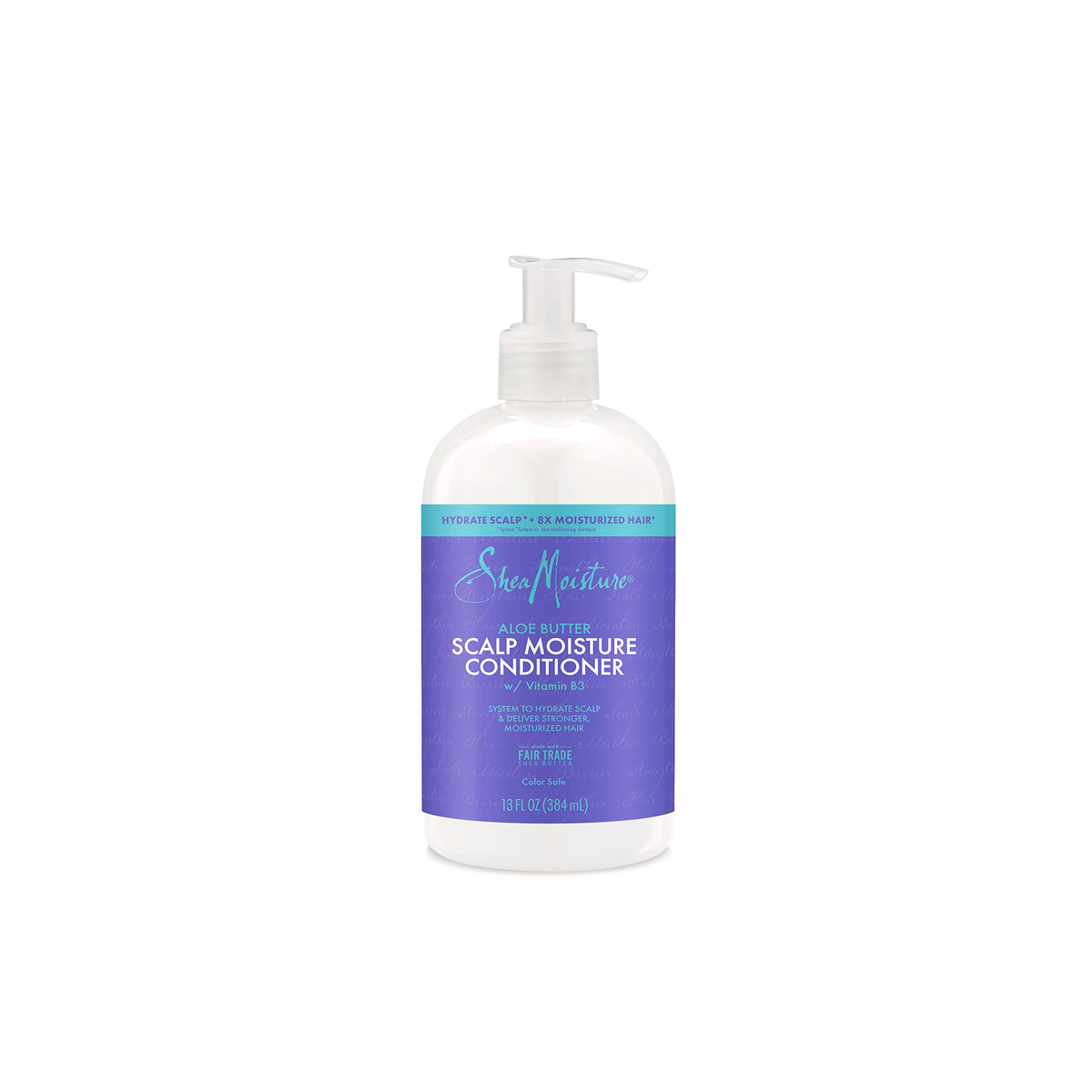 Shea Moisture Aloe Butter Scalp Moisture Conditioner 384 ml in white bottle with pump, purple and turquoise label and clear product text.