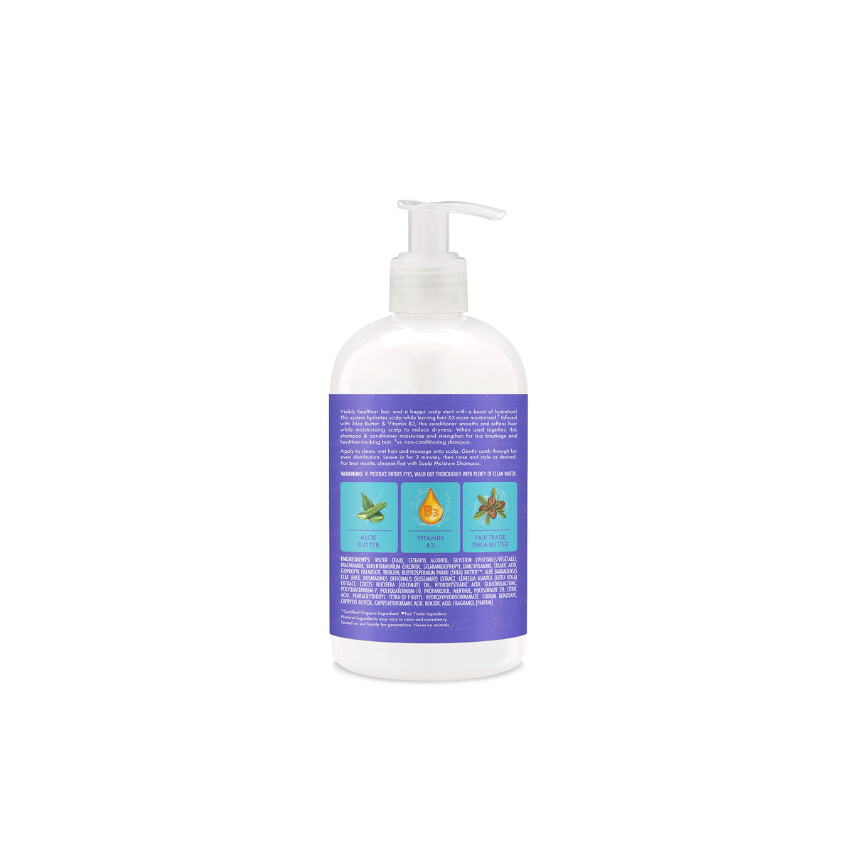 Shea Moisture Aloe Butter Scalp Moisture Conditioner 384ml back view with purple label, pump and key ingredients infographic.