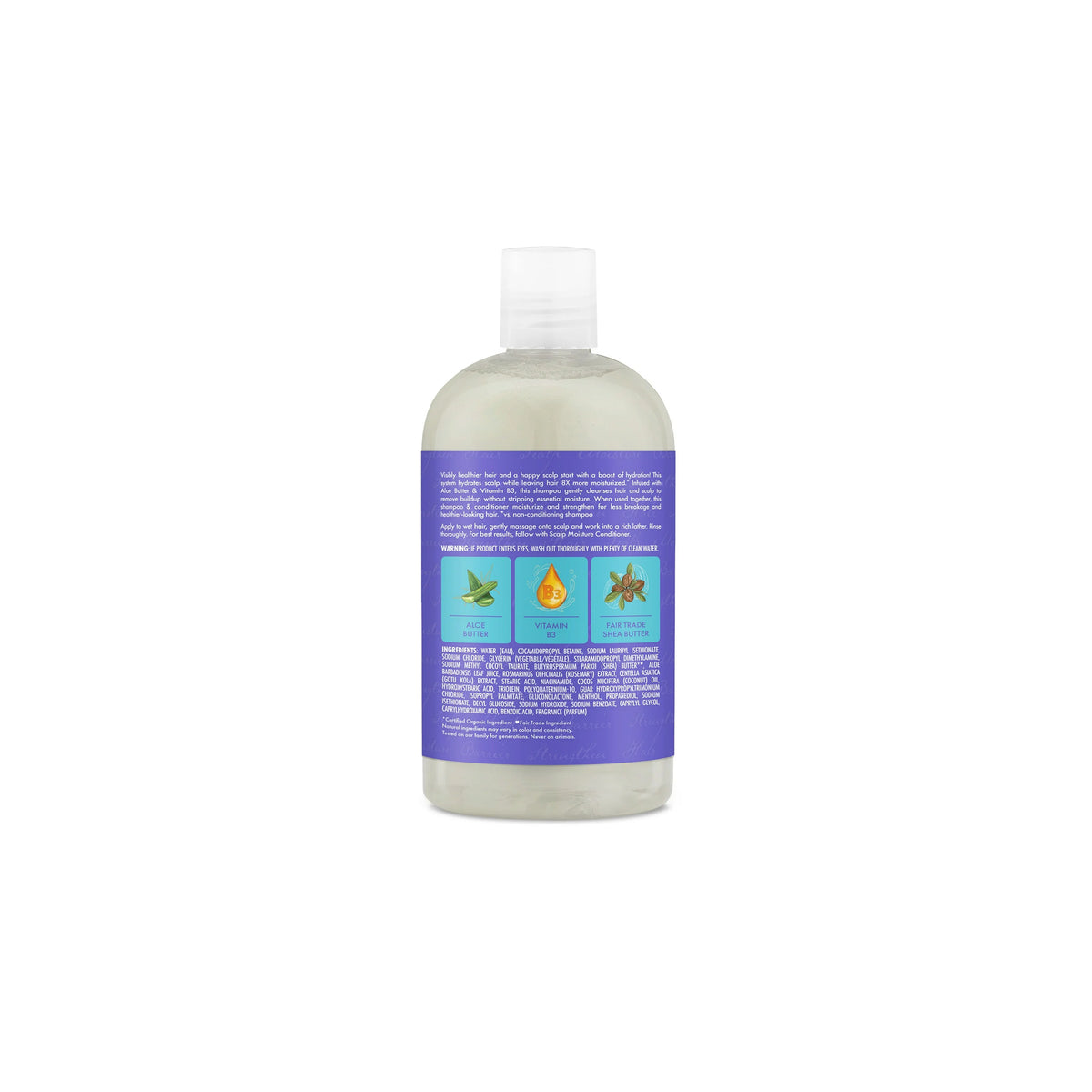 Shea Moisture Aloe Butter Scalp Moisture Shampoo 384 ml back view with purple label, ingredient explanation and illustrations.