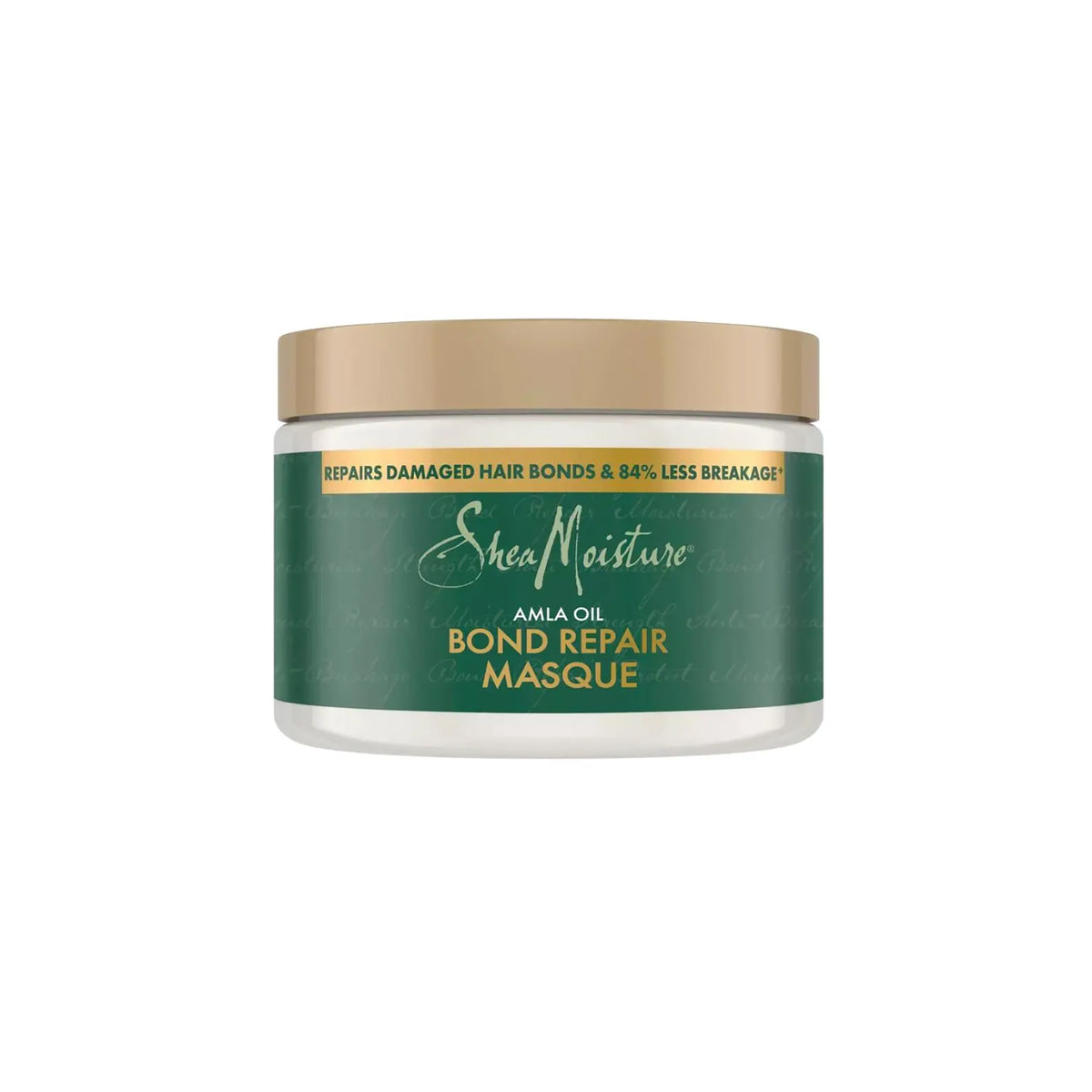 Shea Moisture Amla Bond Repair Masque 311 gr in white container with green label and golden lid, text in yellow and white.