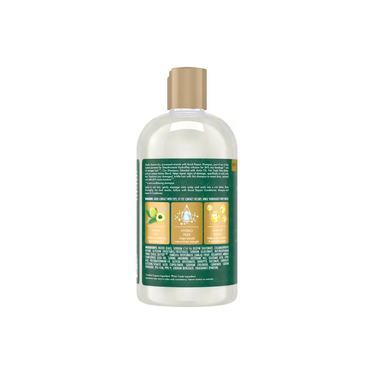 Shea Moisture Amla Bond Repair Shampoo 384ml back view with green label, ingredients list and illustrations of key ingredients.