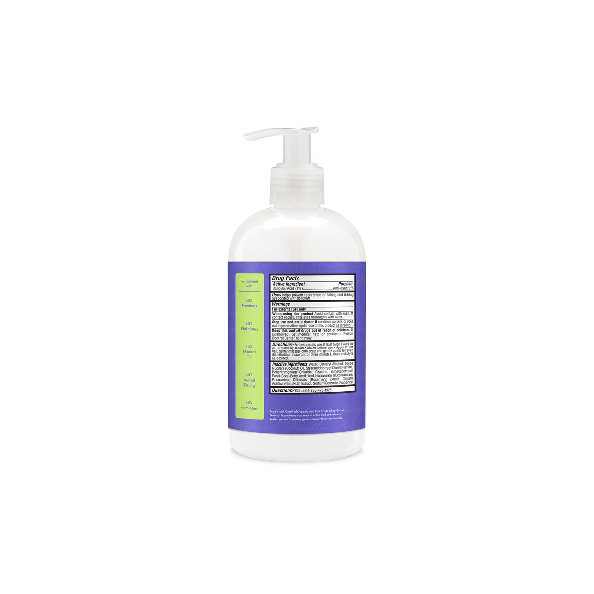The back of SheaMoisture Apple Cider Vinegar Anti-Dandruff Conditioner in clear pump bottle with purple and green label and ingredient list, 384 ml.