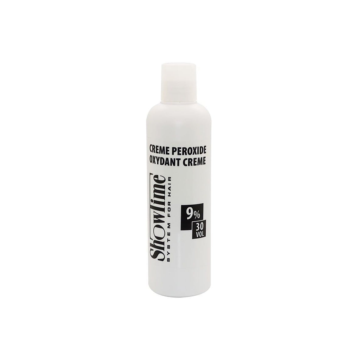 White bottle of Showtime Crème Peroxide 12% 40vol 250ml with black text, powerful oxidation cream for intensive hair lightening and color treatment.