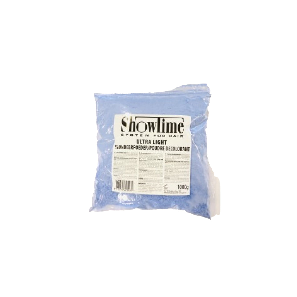 Blue bag Showtime Ultra Light Bleaching Powder 1kg with white label, professional bleaching powder for powerful and effective hair bleaching.