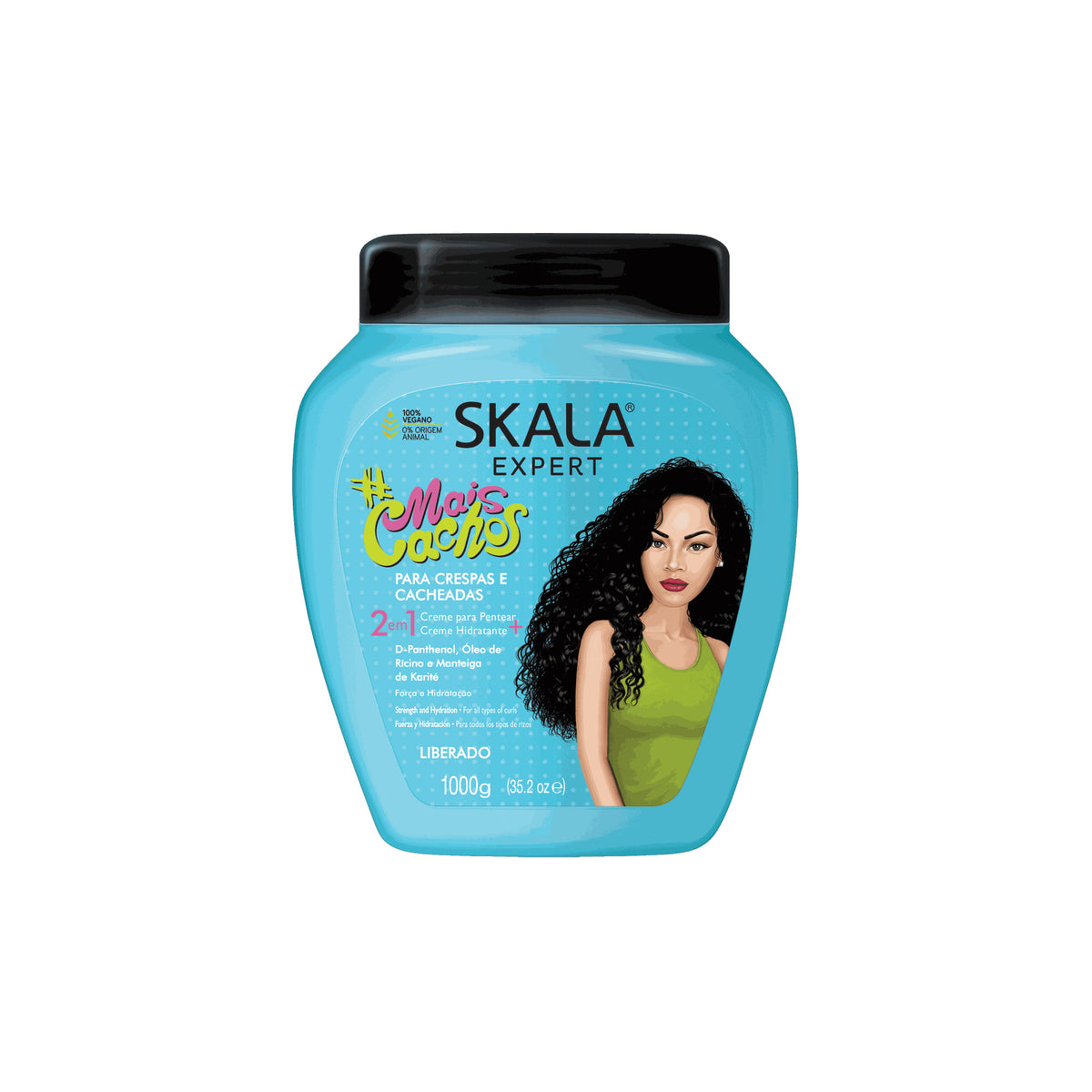 Turquoise container with Skala Expert curling cream for frizzy and wavy hair. Contains shea butter, castor oil and d-panthenol.