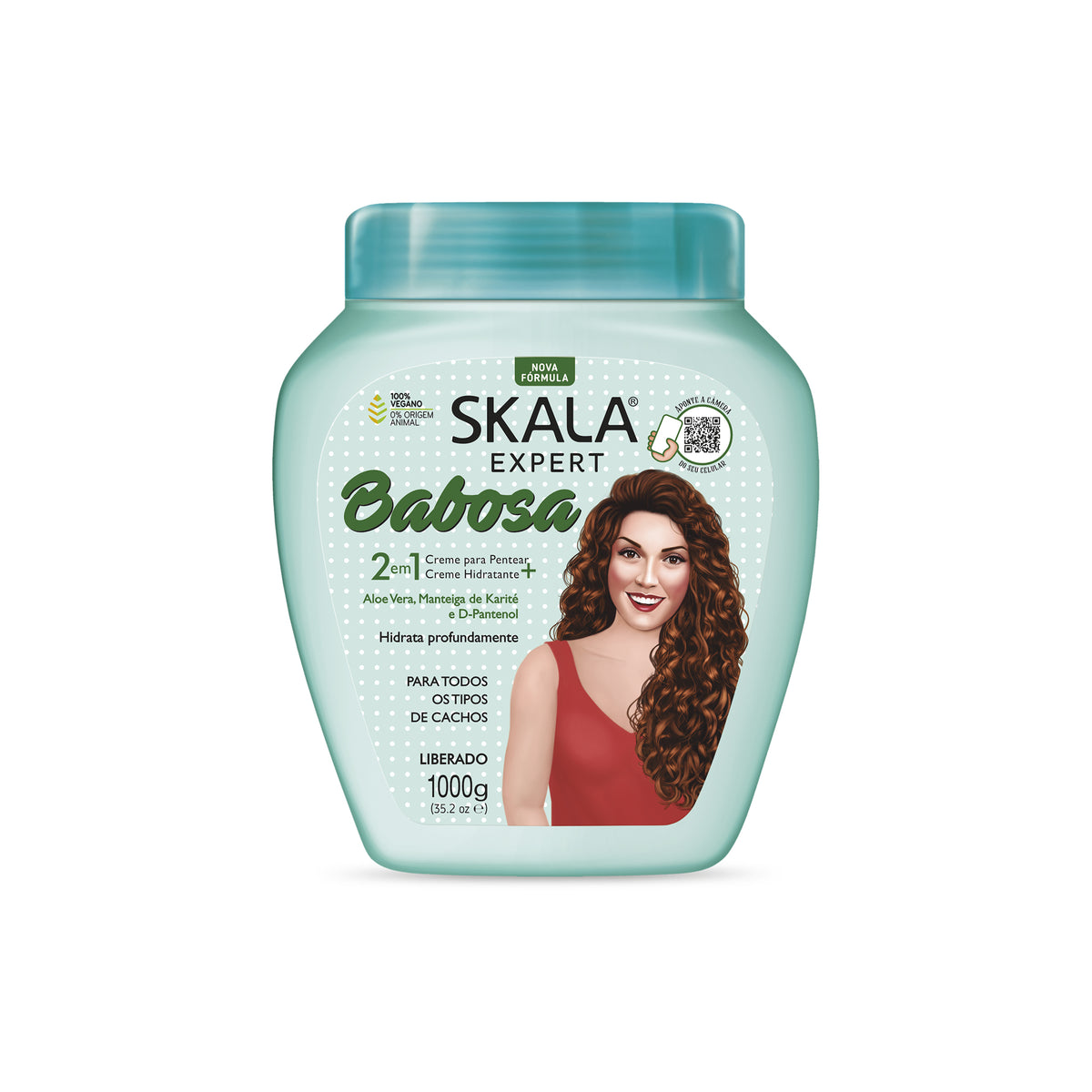 Front of Skala Babosa hair product. Light blue packaging with illustrations of a woman showing off her curls.