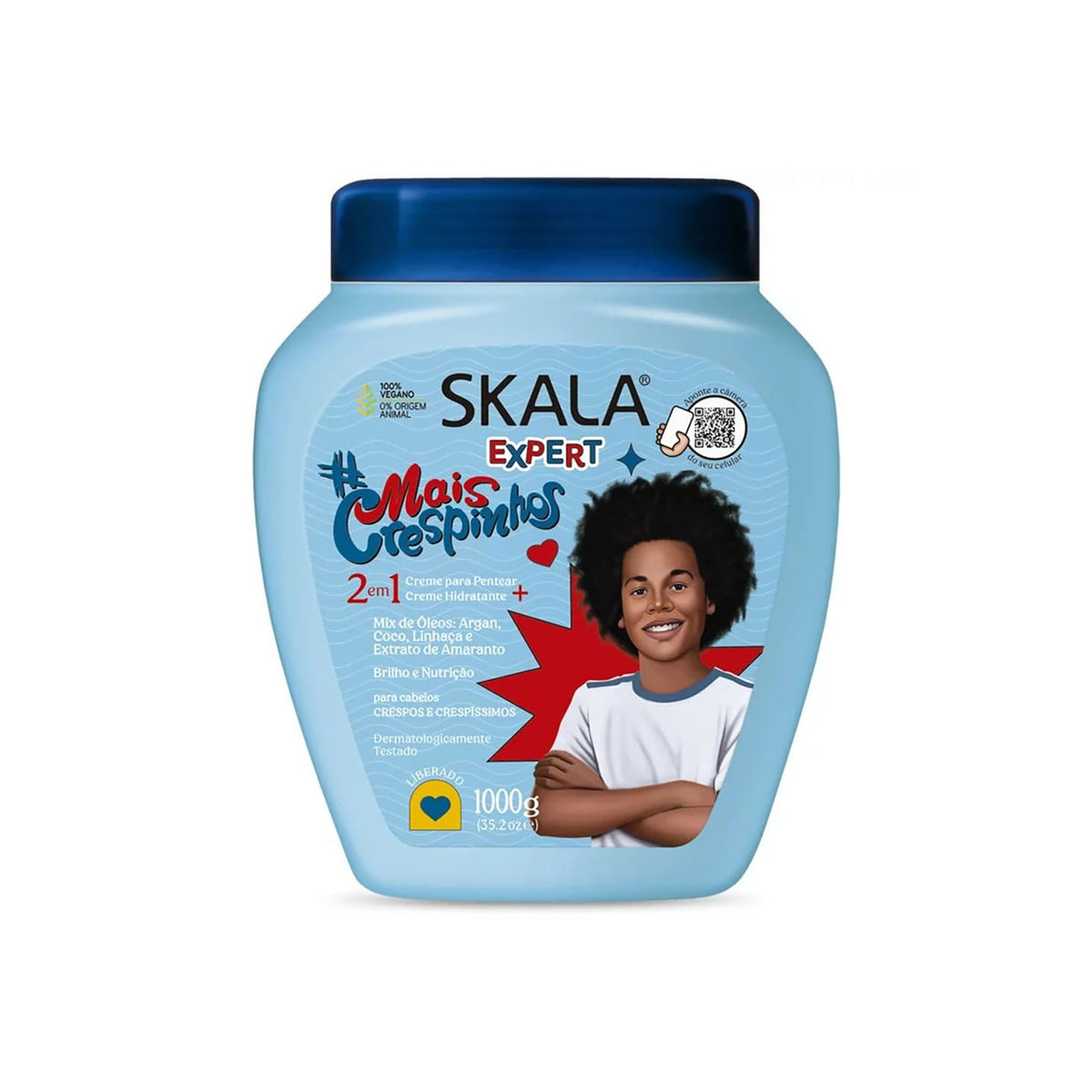 Skala Expert Mais Crespinhos 1000 gr in light blue container with dark blue lid and illustration of child with curly hair.