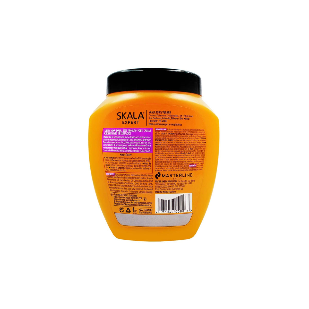 Back of SKALA Expert Mais Crespos Hair Cream (1000g) in orange jar with black lid. The product is for curly hair and promotes defined curls with shine.