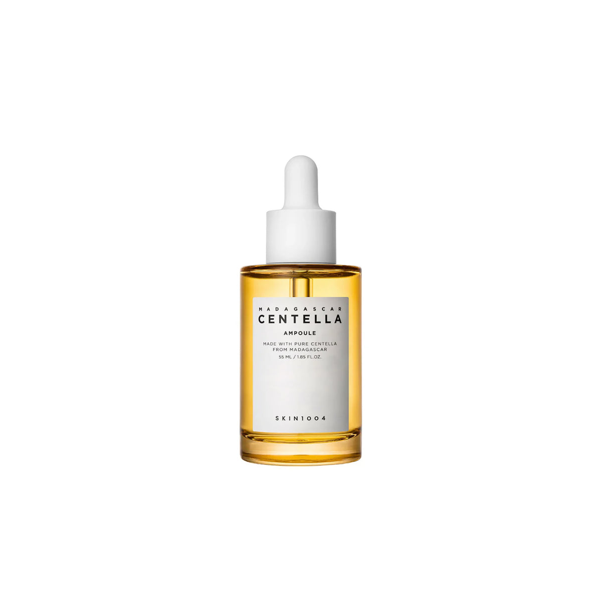 Transparent bottle of SKIN1004 Madagascar Centella Ampoule 55ml with golden serum and white dropper cap.