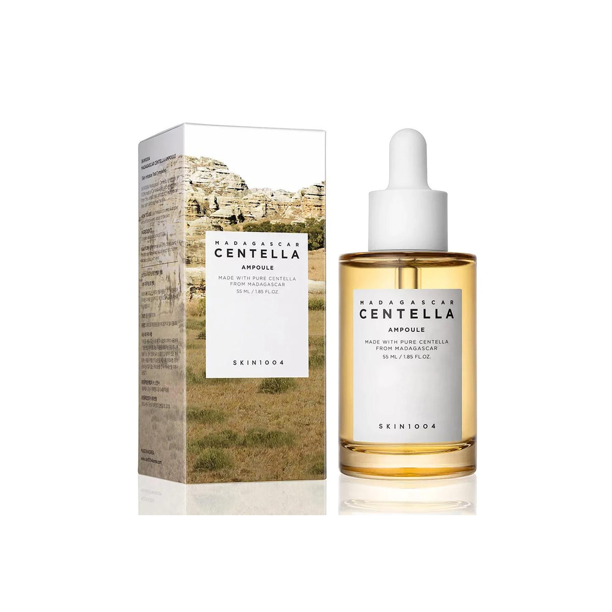 SKIN1004 Madagascar Centella Ampoule 55ml with golden serum and white dropper bottle next to nature-inspired packaging.