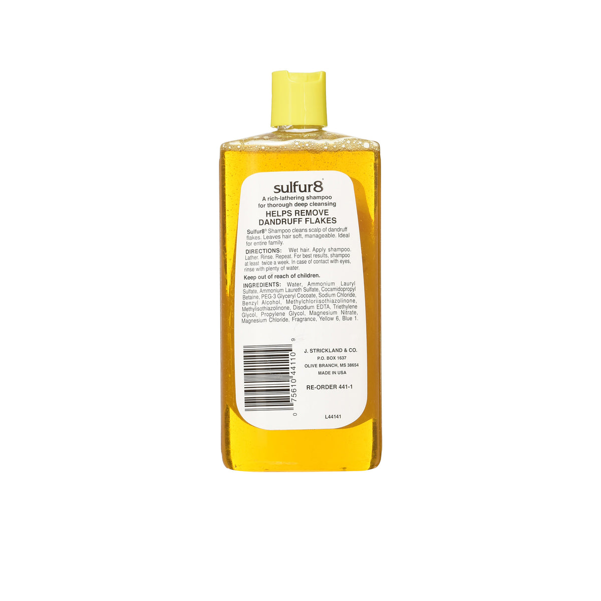 Sulfur8 Shampoo (340 ml). The picture shows the back of a 340 ml bottle of Sulfur8 Shampoo. The label contains ingredients, instructions for use, manufacturer information (J. Strickland & Co.) and information on how the shampoo helps to remove dandruff.
