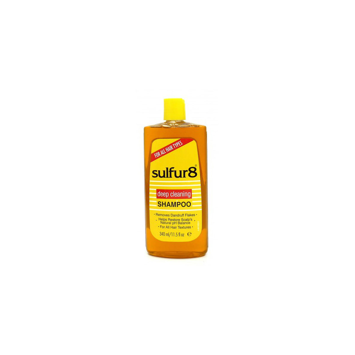 Sulfur8 Deep Cleansing Shampoo (340 ml). The picture shows the front of a bottle of Sulfur8 Deep Cleaning Shampoo. The shampoo removes dandruff and helps restore the scalp's natural pH balance. Suitable for all hair types.