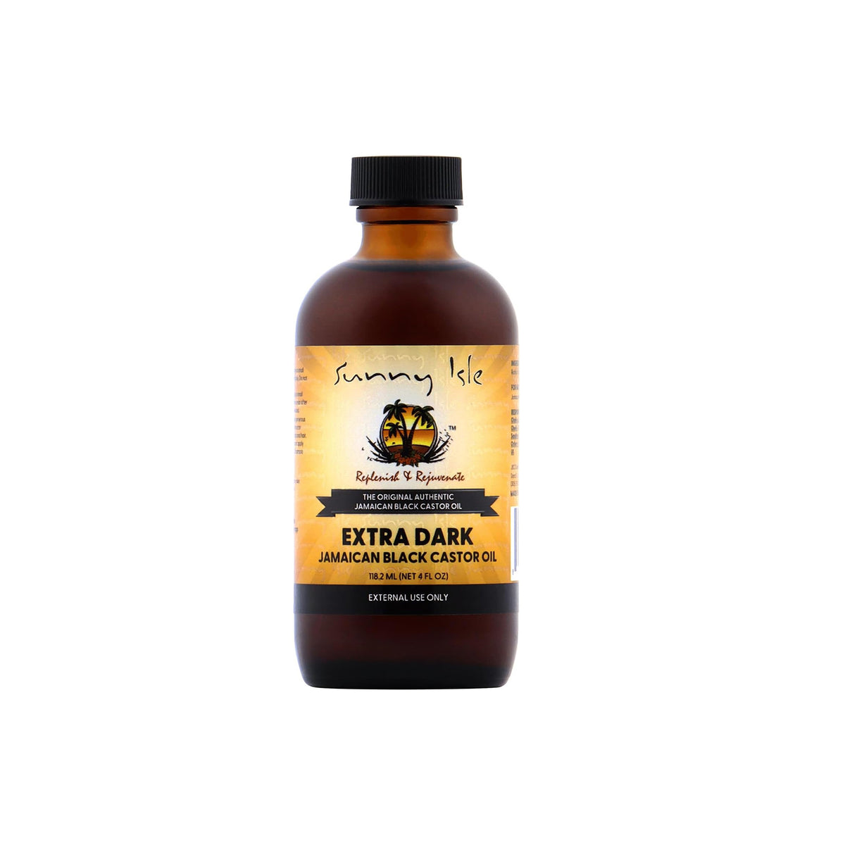 Sunny Isle Extra Dark Jamaican Black Castor Oil (118 ml). The image shows the front of a bottle of Sunny Isle Extra Dark Jamaican Black Castor Oil.