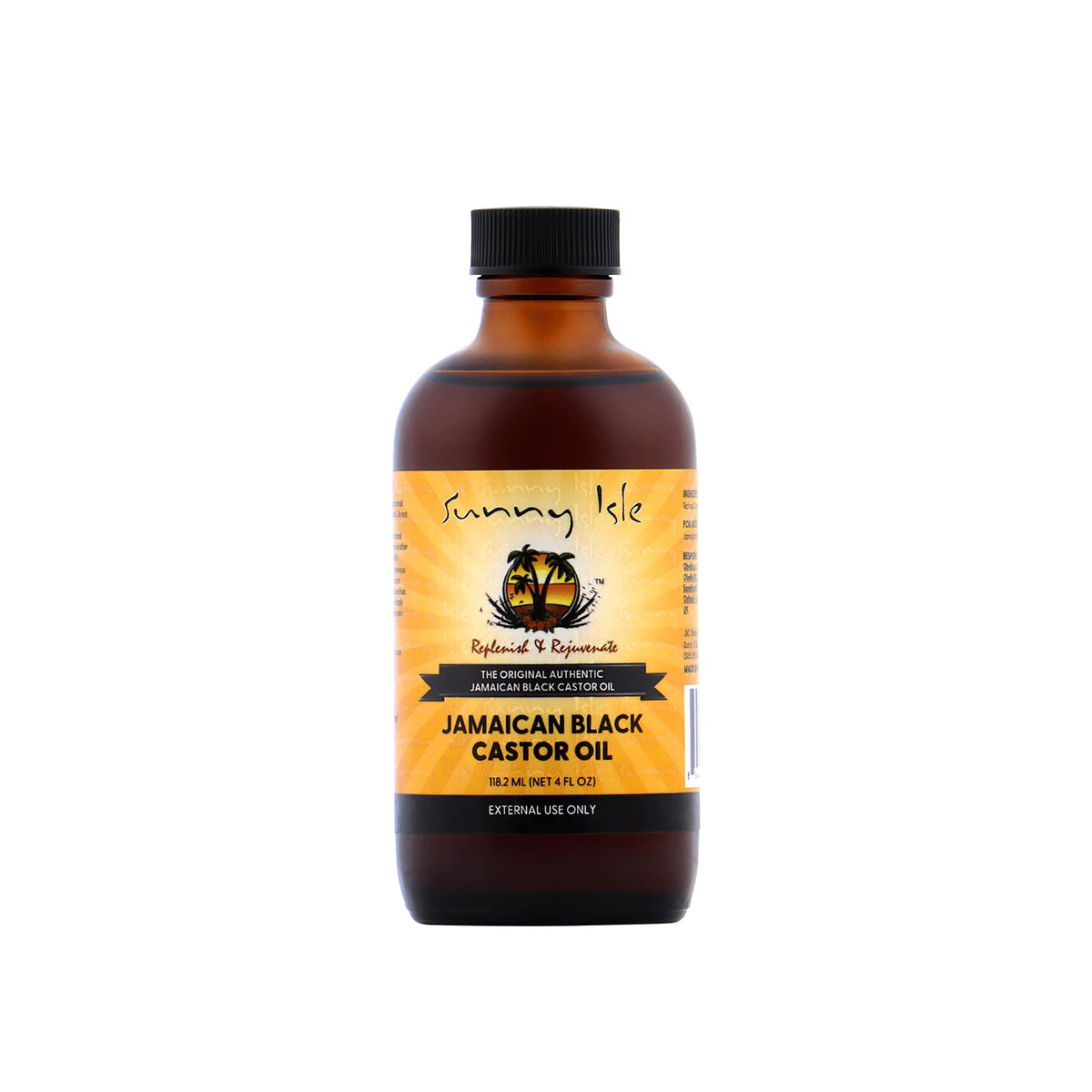 Sunny Isle Jamaican Black Castor Oil (118 ml). The image shows the front of a bottle of Sunny Isle Jamaican Black Castor Oil. The oil is 100% natural and is intended to rebuild and rejuvenate.