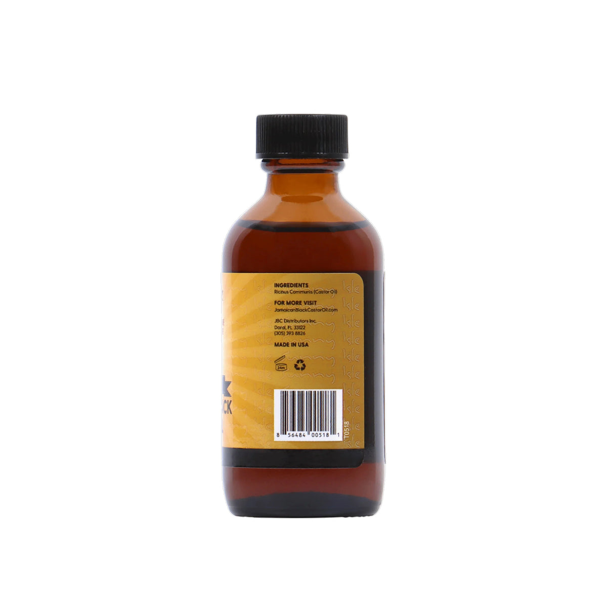 Sunny Isle Jamaican Black Castor Oil (59 ml). The image shows the back of a 59ml bottle of Sunny Isle Jamaican Black Castor Oil. The label contains a list of ingredients.