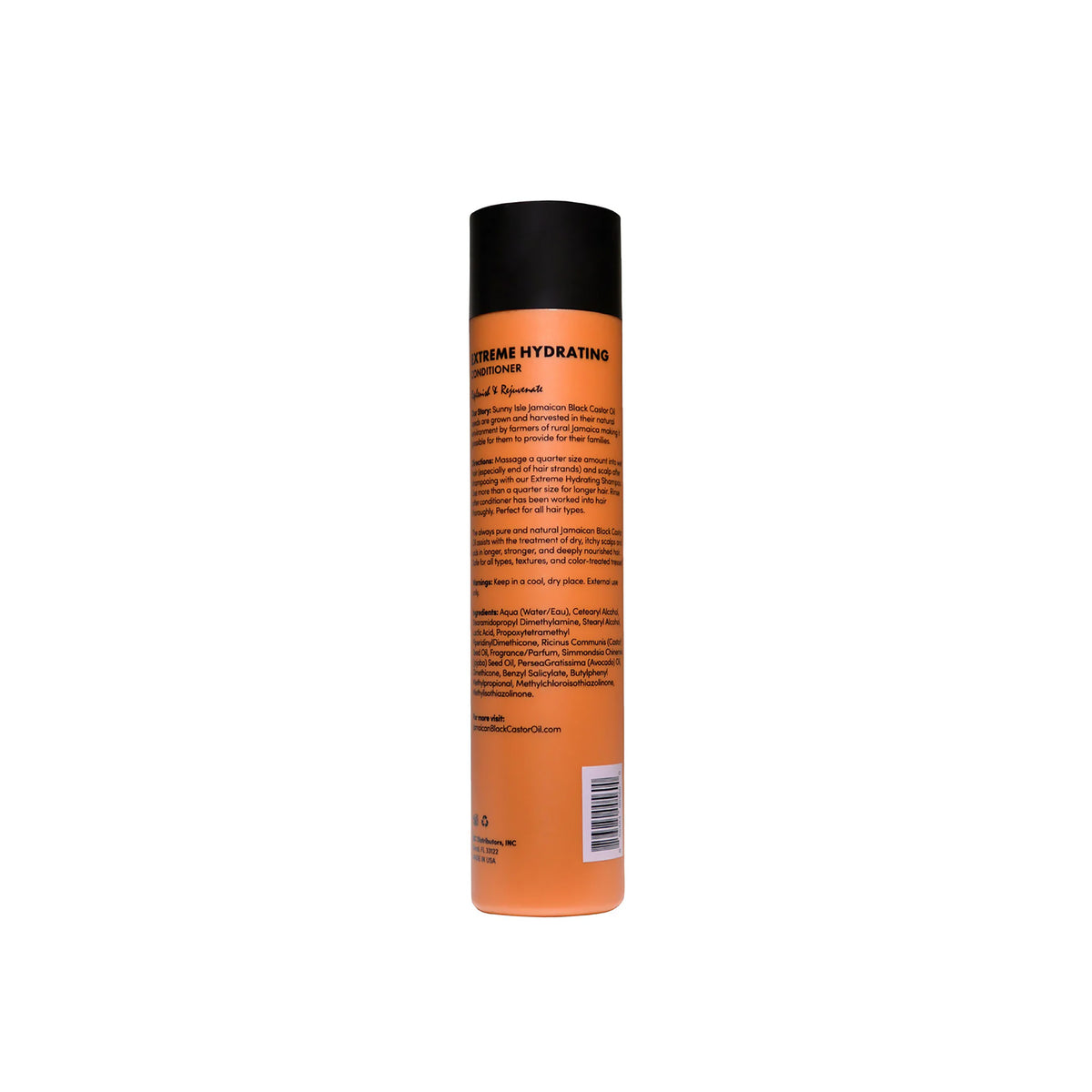 Sunny Isle Jamaican Black Castor Oil Extreme Hydrating Conditioner (298 ml). The back of the bottle describes the history of the product, instructions for use and contains a list of ingredients such as Jamaican black castor oil, panthenol and hydrolysed wheat protein.